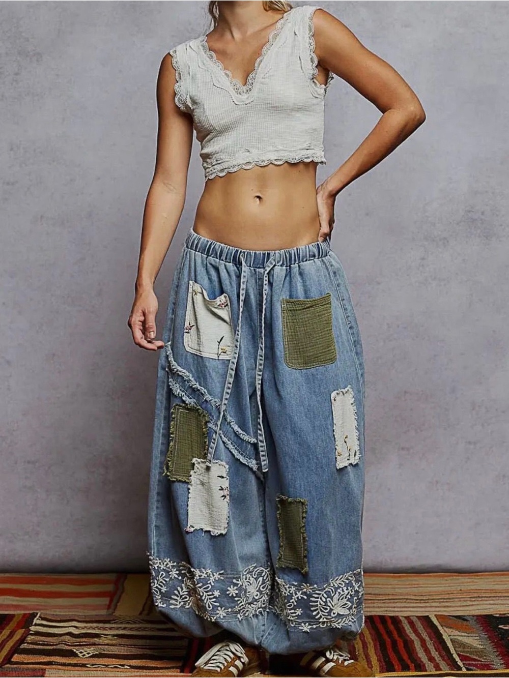 Pol patchwork lace drawstring denim barrel jeans - Picture 7 of 7